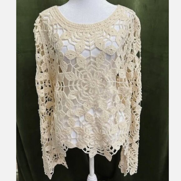 Luxurious Beige Lace Sweater Knitted Blouse Knitted Crop Top With Unique Flora - Picture 1 of 8